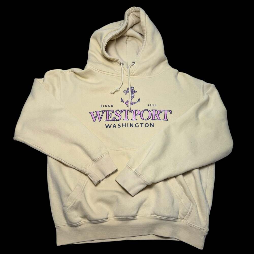 Lane Seven Westport Washington Since 1914 Anchor Hoodie Sweatshirt Cream Size S